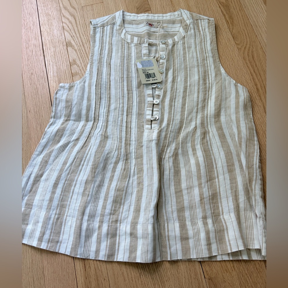 Faherty Isha Linen Striped Sleeveless Top XS NWT Button Front Pintuck Coastal